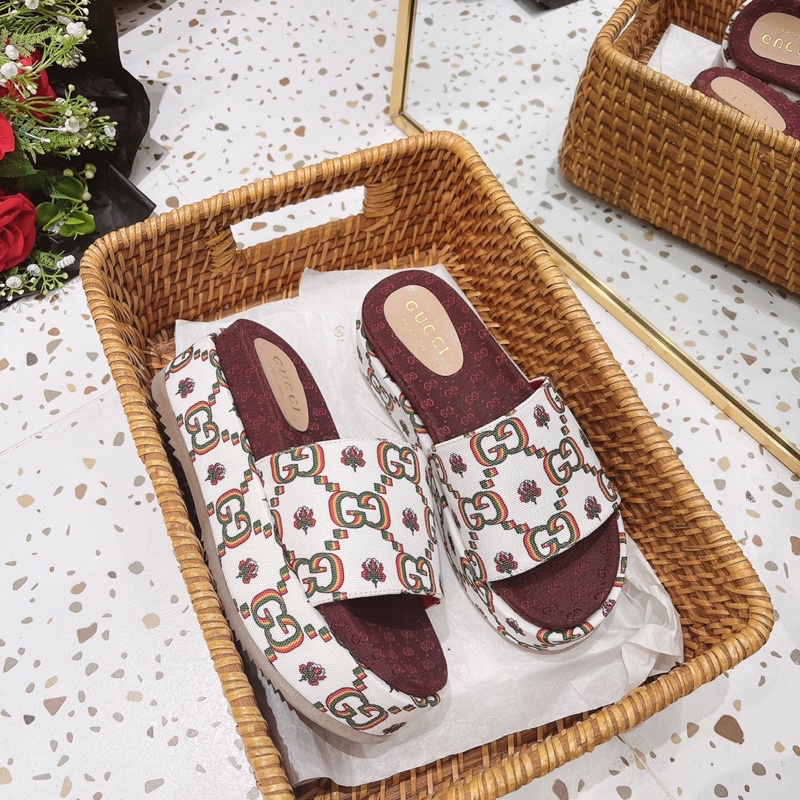 Dép nữ quai ngang họa tiết GG đế cao Nguyên hộp hãng cao cấp