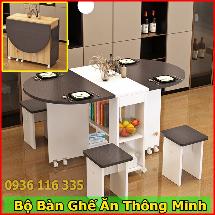 Bộ bàn ghế ăn thông minh 4 ghế, Bàn ăn gấp gọn bằng gỗ hình bầu dục hàng nhập khẩu