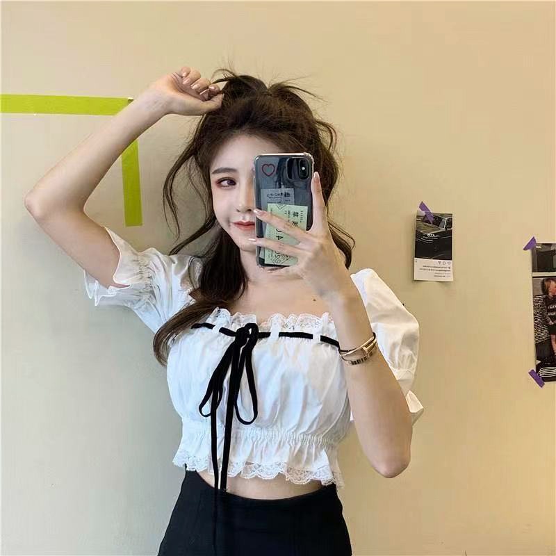 ZHELIHANGFEI Áo Kiểu Tay Phồng Trễ Vai Lưng Cao Cột Dây Phong Cách Quyến Rũ
