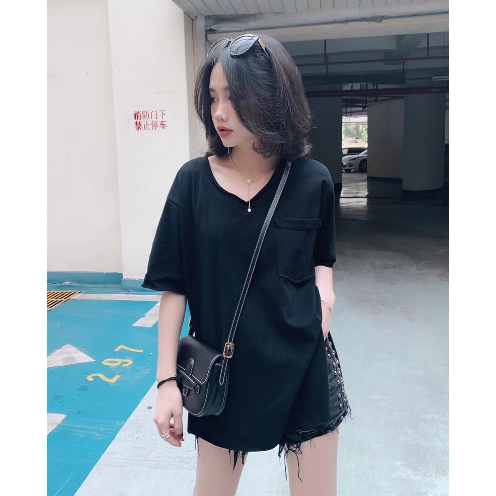 Áo Phông Cộc Tay Cổ Tim XẺ TÀ Có Túi Cực Mát