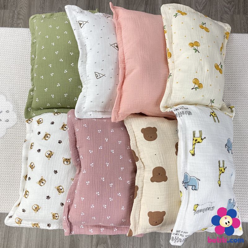 Gối bông sơ sinh vỏ xô muslin, gối vải xô sợi tre an toàn cho bé yêu