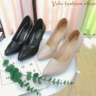 Giày cao gót nữ da bóng gót nhọn 7cm vạt chéo hàng VNXK da mềm êm chân -HC06