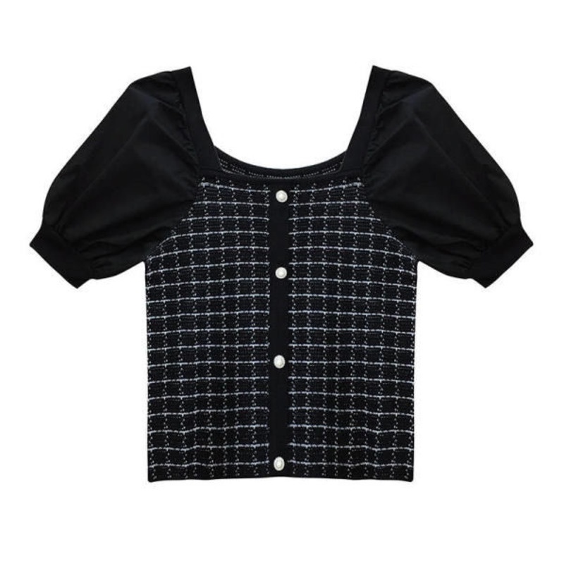 Áo Kiểu Tay Ngắn Phồng Phong Cách Hàn Quốc 175286 Áo Dệt Kim Tay Ngắn Cổ Vuông Phong Cách Phương Tây Dễ Phối Đồ Thời Trang