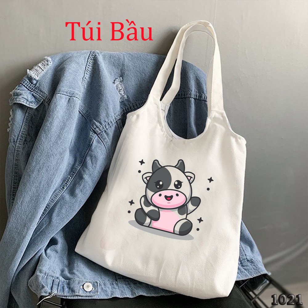 Túi Tote Đeo Chéo CANVAS In Hình Bò Sữa Siêu Dễ Thương