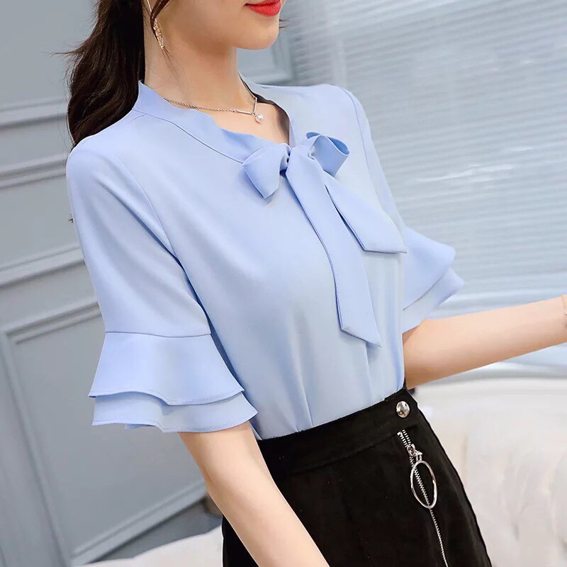 Áo Voan Kiểu Thắc Nơ Cổ KếT Hợp Tay Xếp Tầng Nữ Tính TTSL0071