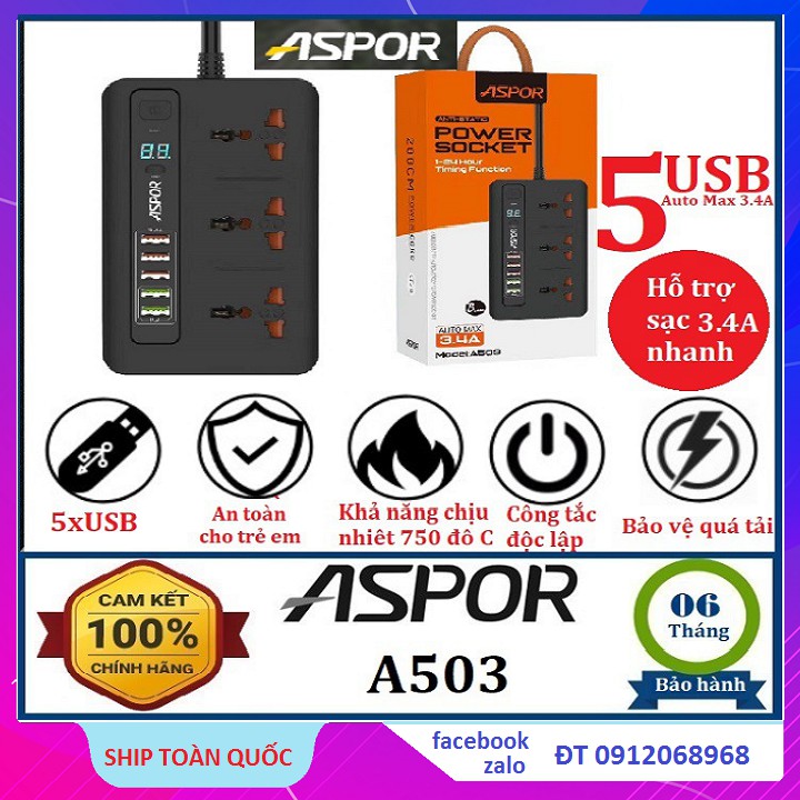 Ổ cắm điện, Ổ cắm điện thông minh chính hãng ASPOR A503 - tự điều áp với 5 cổng USB Sạc nhanh 3.4A