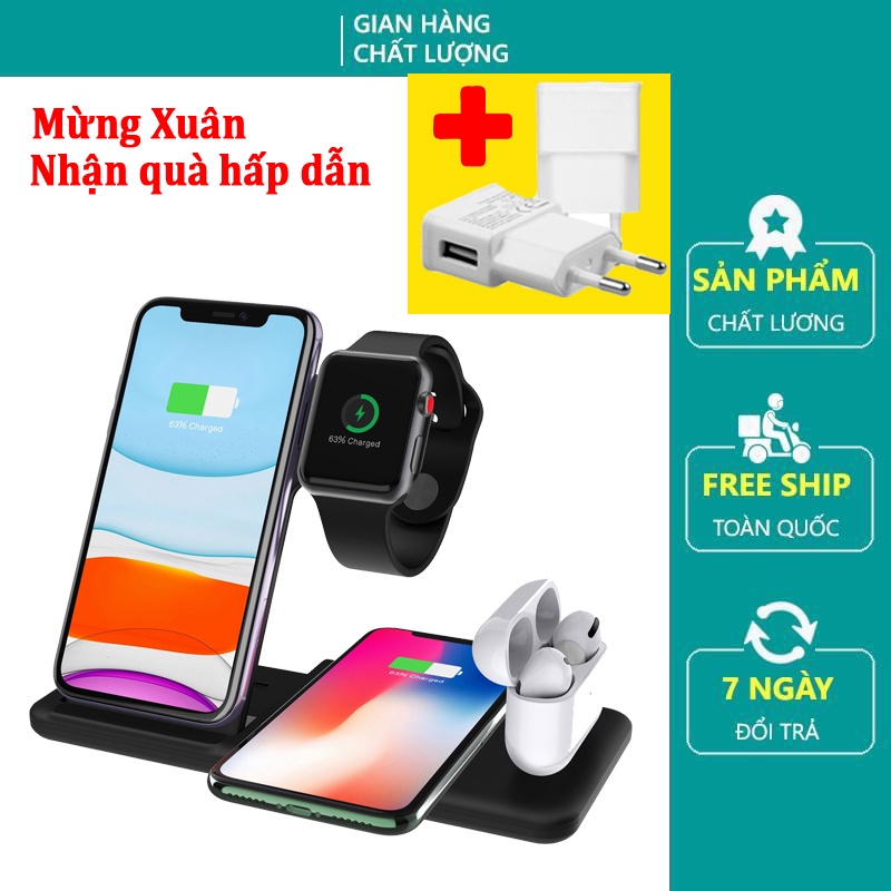 Đế sạc không dây siêu nhanh 4 trong 1 cao cấp 15W phù hợp cho các thiết bị hỗ trợ sạc không dây