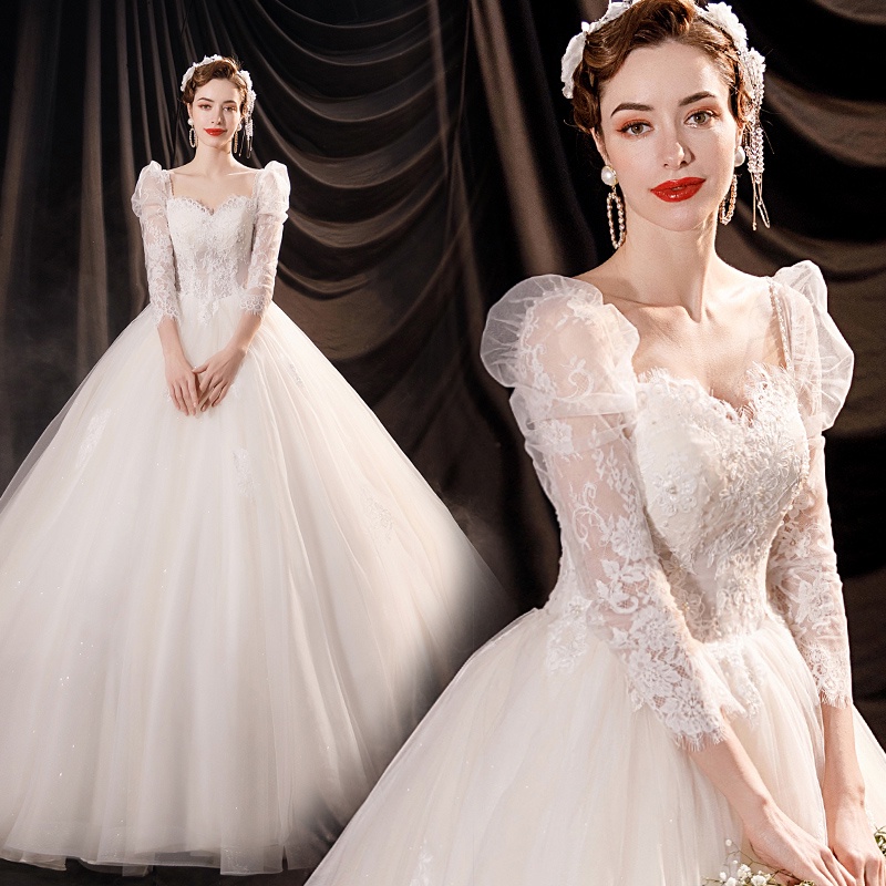 ❆Pháp lãng mạn sang trọng ren tay phồng thời trang cô dâu công chúa mỏng mảnh mai dài tay áo cưới 17269