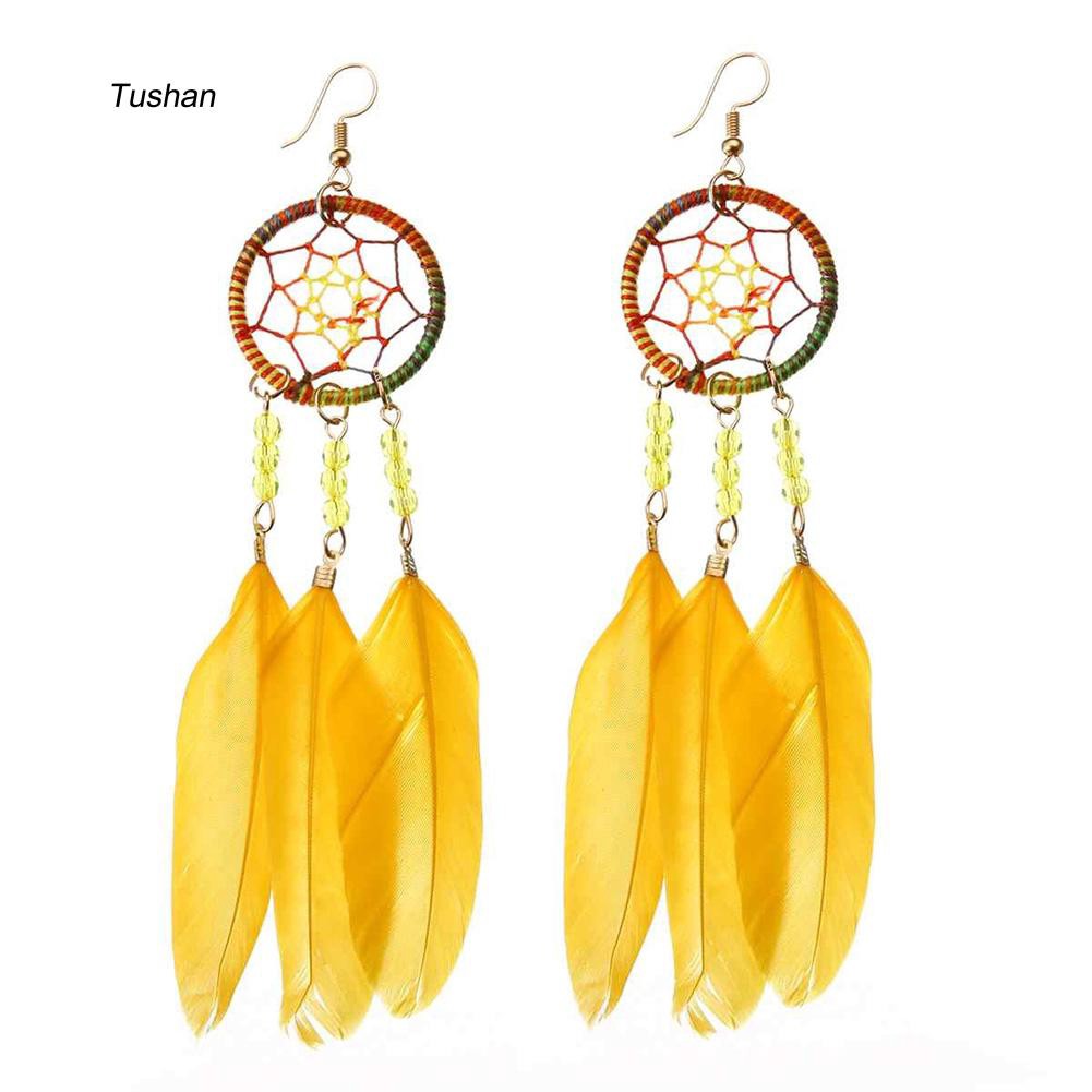 Đôi khuyên tai dài kiểu Dream Catcher gắn lông vũ thời trang cho nữ