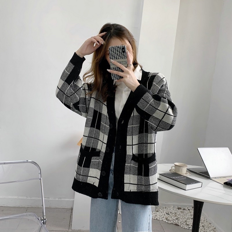 Áo Khoác Len Cardigan Hoạ Tiết Kẻ Ô Hàng Quảng Châu Cao Cấp