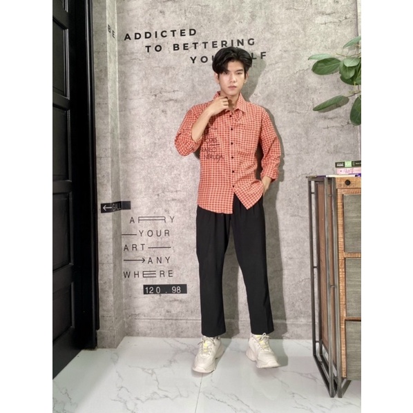 Sơ mi caro in chữ 1 túi form suông rộng Nô Store