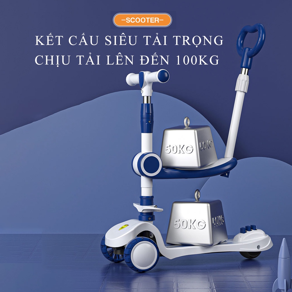 Xe trượt scooter cho bé, xe chòi chân bản siêu cấp tích hợp ghế ngồi,đèn led có nhạc và tay đẩy điều chỉnh độ cao cho bé