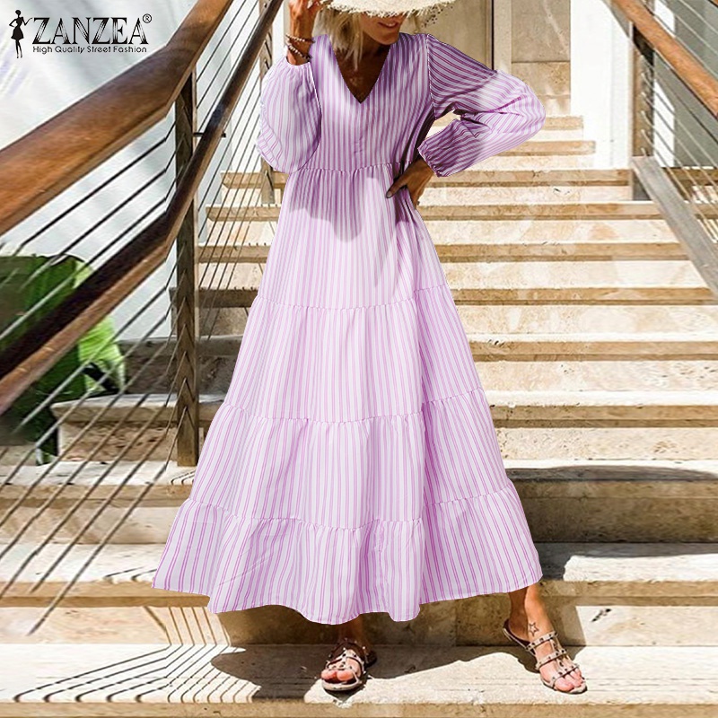 Đầm Zanzea dáng dài tay dài cổ chữ V họa tiết kẻ sọc in ấn độc đáo thời trang cho nữ