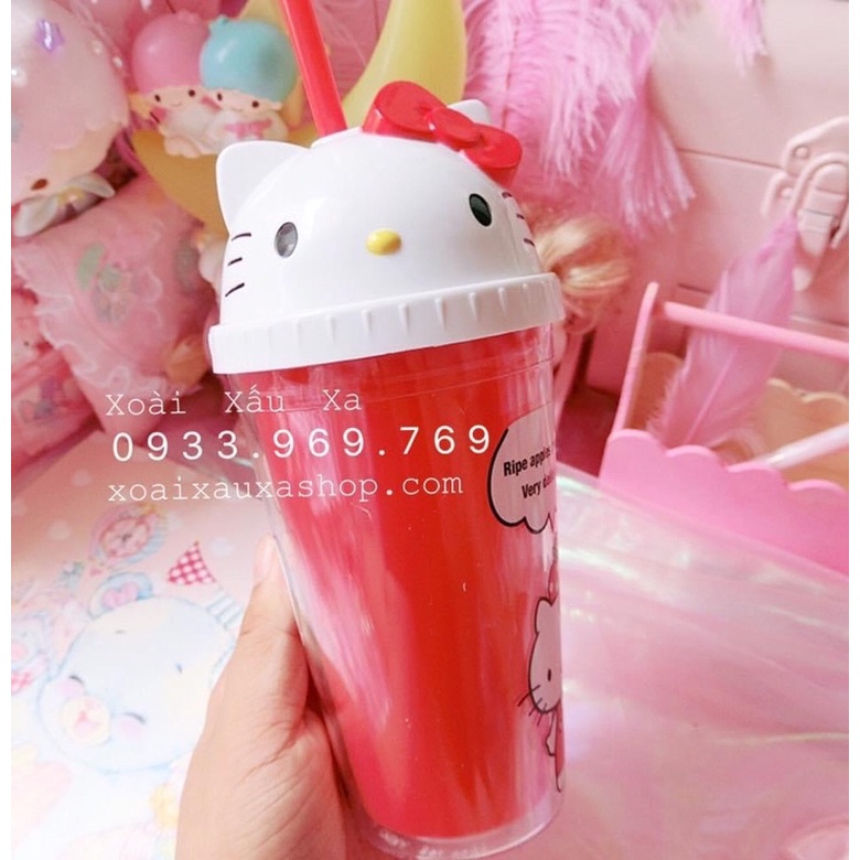 Ly nước nhựa kèm ống hút hình kitty/melody / gudetama dễ thương