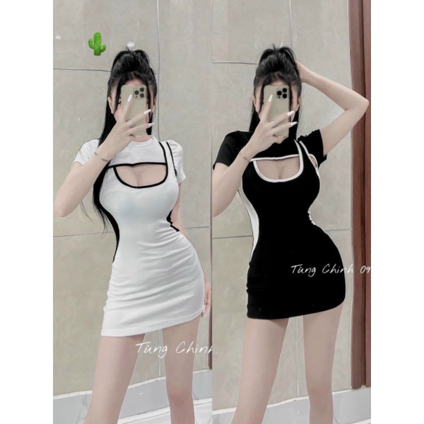 Đầm body phối viền nổi ngắn tay khoét ngực
