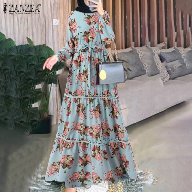 Đầm Hồi Giáo ZANZEA dáng dài cổ tròn dài tay xếp tầng in hoa phong cách vintage cho nữ