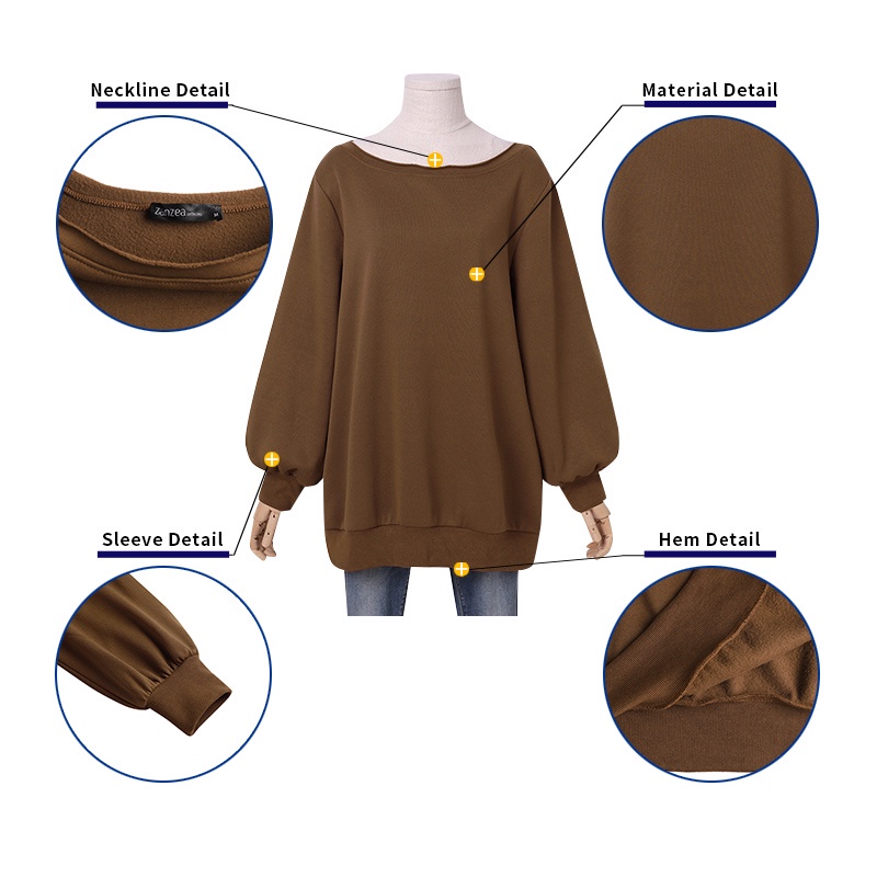 Áo sweatshirt ZANZEA tay dài cổ tròn dáng rộng màu trơn thời trang đường phố cho nữ | BigBuy360 - bigbuy360.vn