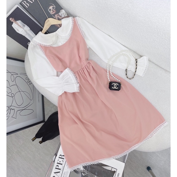 SET SƠ MI CỔ SEN VIỀN REN + YẾM HỒNG BABYDOLL BO EO