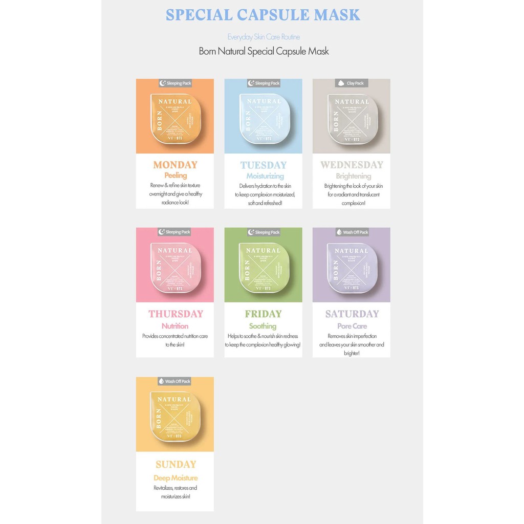 Mặt Nạ Đất Sét BORN NATURAL⚡FREESHIP⚡Bộ 7 loại Mask đất sét, dưỡng sáng da VTxBTS Born Natural Special Capsule Mask Kit