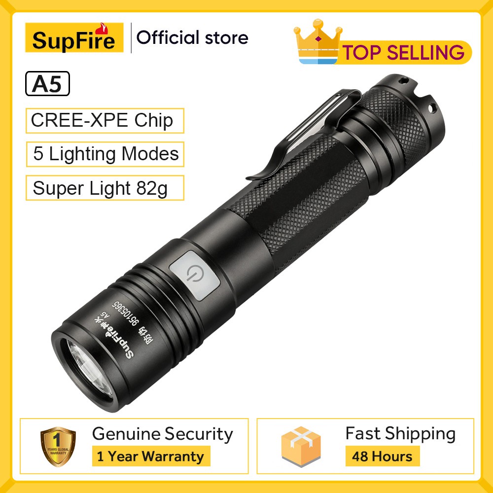 Đèn Pin Siêu Sáng SUPERFIRE A5/A5-l2 siêu sáng bằng hợp kim nhôm chống nước kèm cáp sạc USB tiện dụng