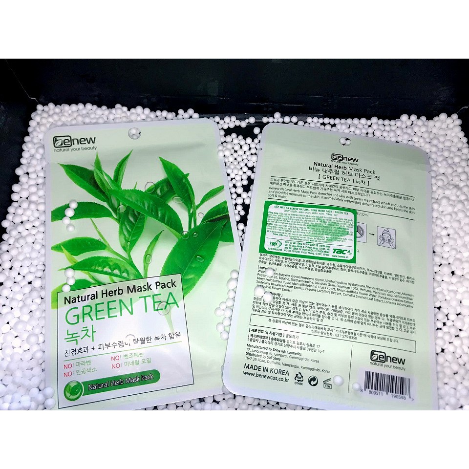 Mặt nạ trà xanh giảm mụn dưỡng trắng mờ thâm Benew Green Tea Natural Mask Pack 22g