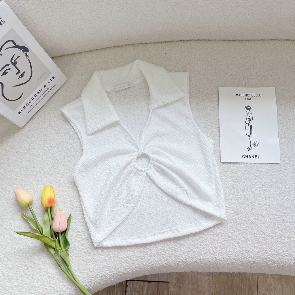 Áo thun nữ dáng croptop ba lỗ sát nách cổ bẻ chất xốp viền màu phối khoen ngực sexy