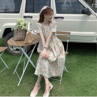 Váy babydoll cổ vuông xếp li ngực ulzzang, kiểu đầm dự tiệc hoa nhí cổ vuông dáng rộng đi chơi đi biển dạo phố -V.9005
