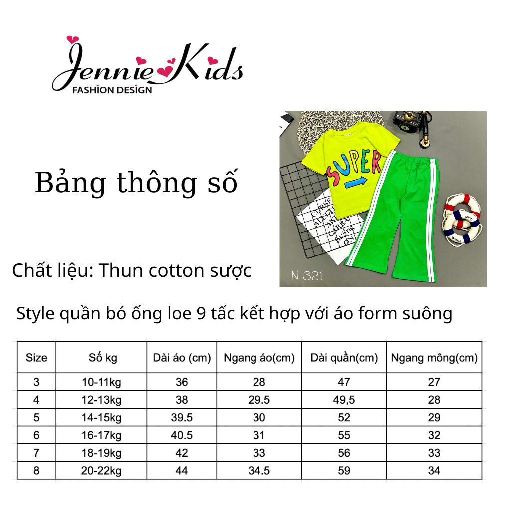 [10-22kg] Đồ bộ bé gái áo tay ngắn quần dài thể thao thun cotton 4 chiều Jennie kids J501