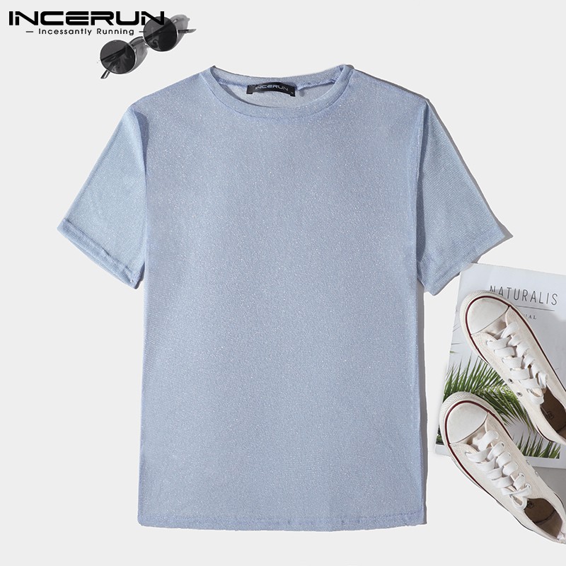 INCERUN Men 3 Colors Short Sleeve Round Neck Transparent Shinny Solid Color T-Shirts
