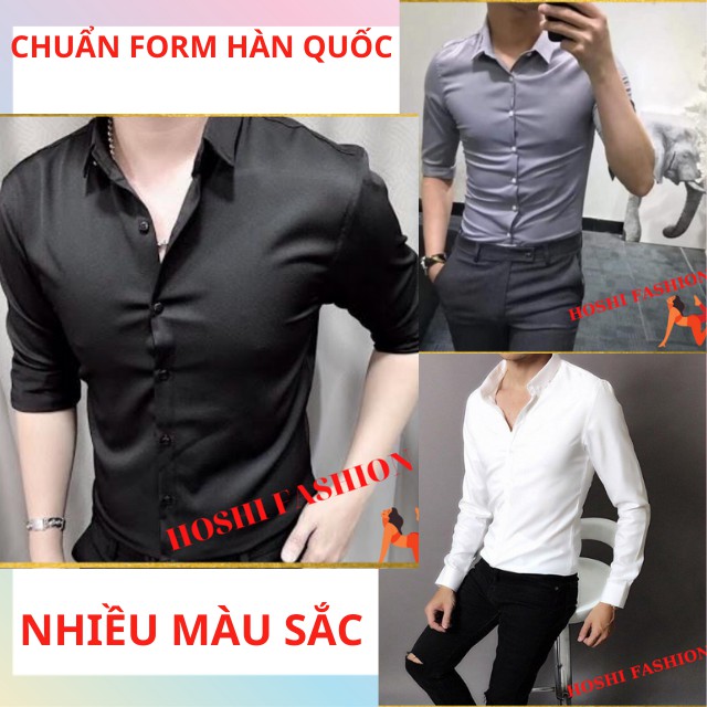 Áo sơ mi nam kiểu body Hàn Quốc tay dài dạng công sở cao cấp đẹp vải lụa trắng đen xanh xám SMD05