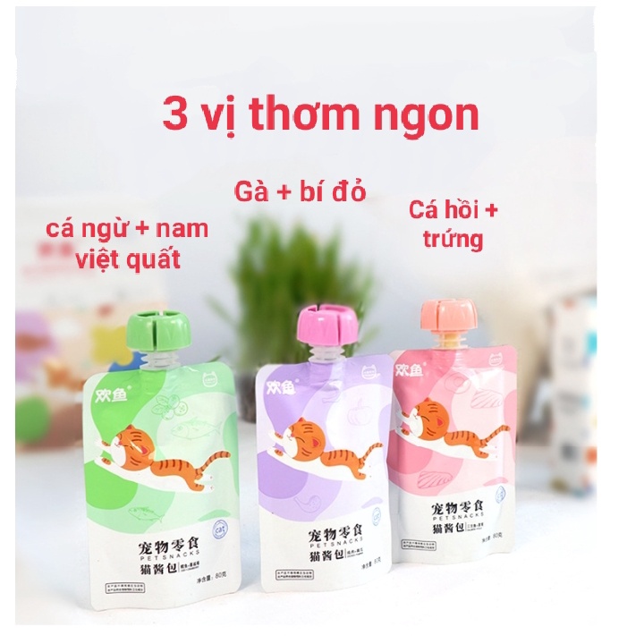 Gói lớn 80g- Súp thưởng cho mèo 3 vị kết hợp cả rau củ đầy đủ dưỡng chất - thiết kế nút vặn tiện lợi