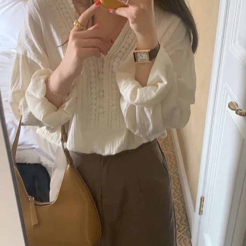 Áo Sơ Mi Tay Dài Cổ Chữ V Dáng Suông Thanh Lịch Hợp Thời Trang Phong Cách Hàn Quốc Cho Nữ