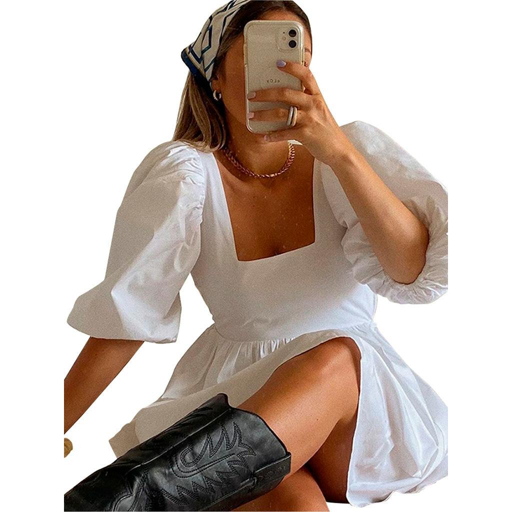 Đầm tay ngắn hở lưng màu trơn thời trang mùa hè