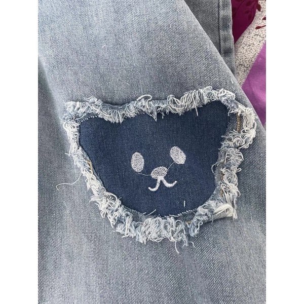 ORDER_ Quần Jeans Suông Ống Đứng Mặt Gấu
