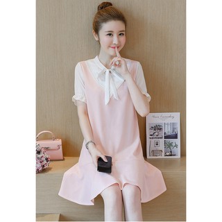 XẢ HÀNG VÁY HÈ : Váy Bầu Kiểu Dáng Sơ Mi Đuôi Cá Công Sở Phối Nơ Nữ Tính- Hồng Phai