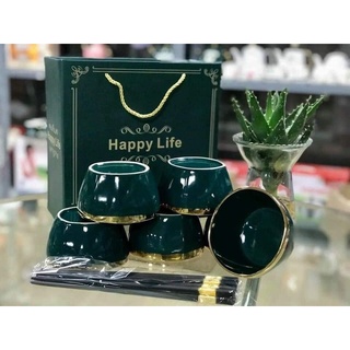 ✔️ [ LOẠI 1 ] Bộ 6 Bát Sứ Viền Mạ Vàng Cao Cấp HAPPY LIFE [ Tặng Kèm Đũa ]