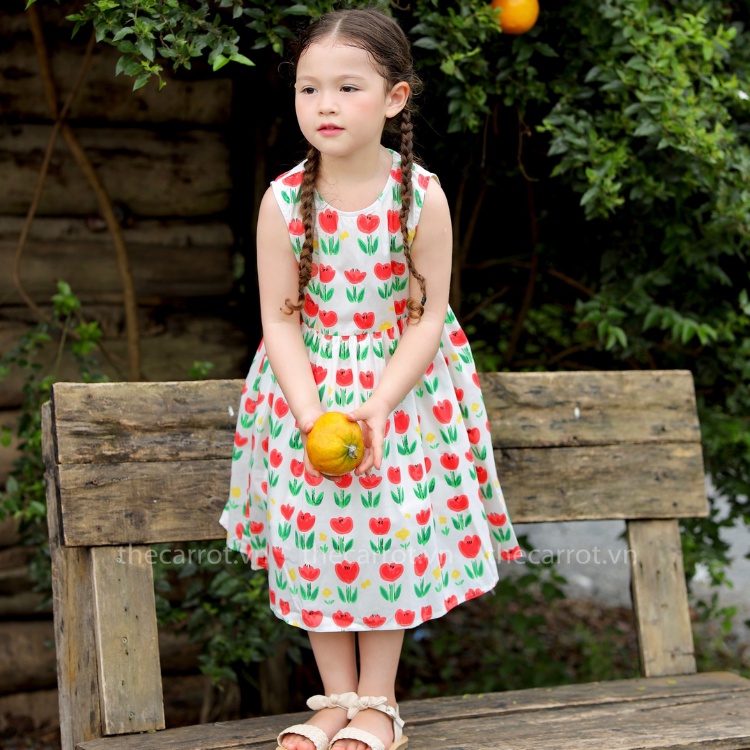 Váy Tim Lưng Carrot Cho Bé Gái, Họa Tiết Hoa Tulip, Chất Thô Cotton Thoáng Mát Thấm Hút Mồ Hôi Tốt