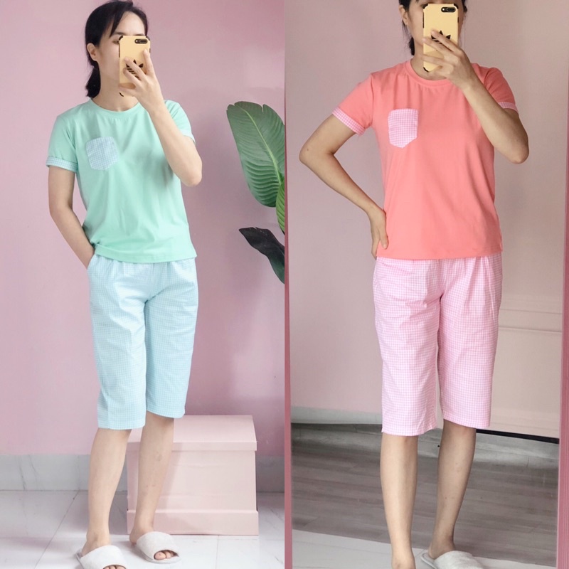 Bộ mặc nhà nữ , chất cotton mịn mát, phối tay gập túi ngực, áo cộc tay quần ngố chất thô mềm