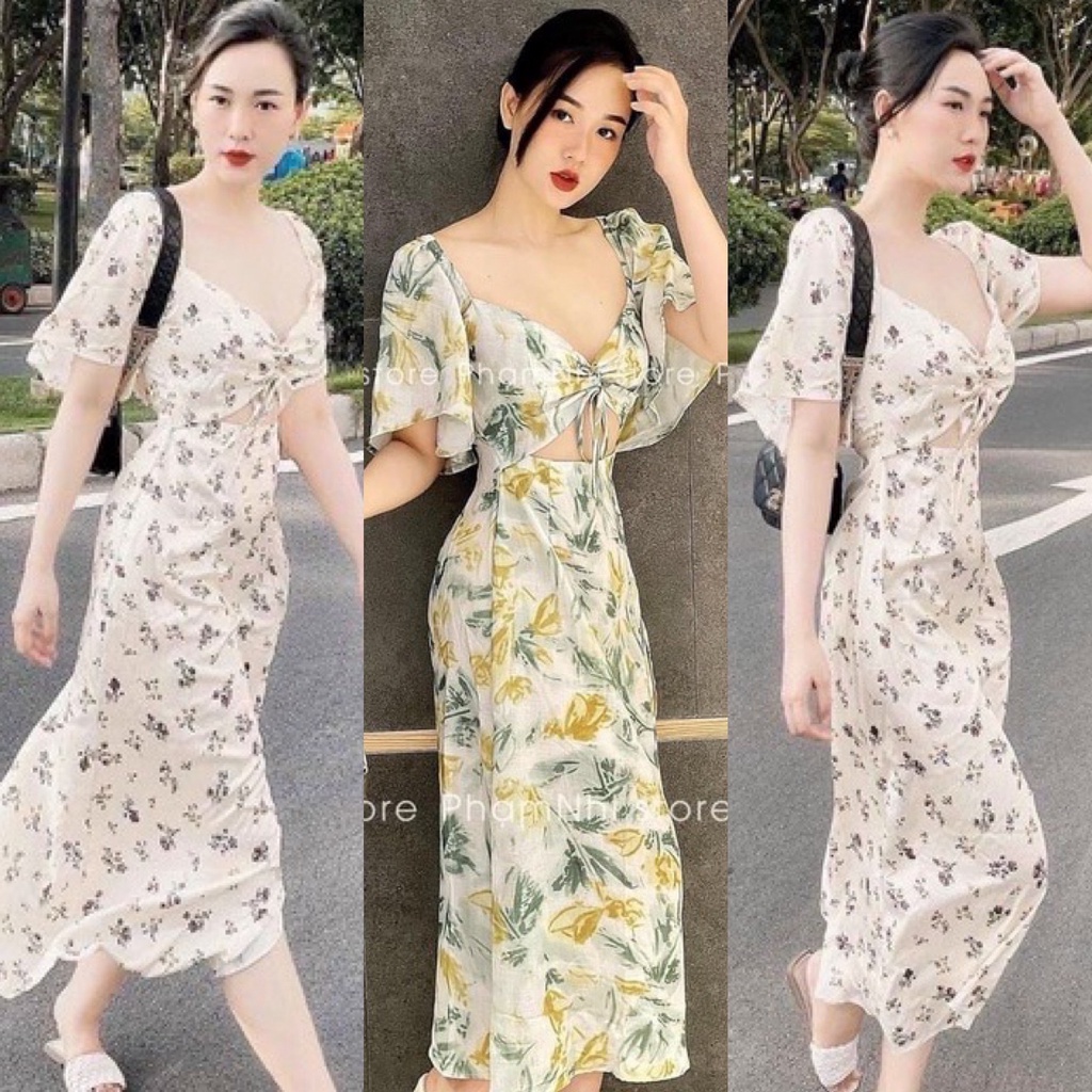 ĐẦM MIDI HOA RÚT NGỰC KHOÉT EO