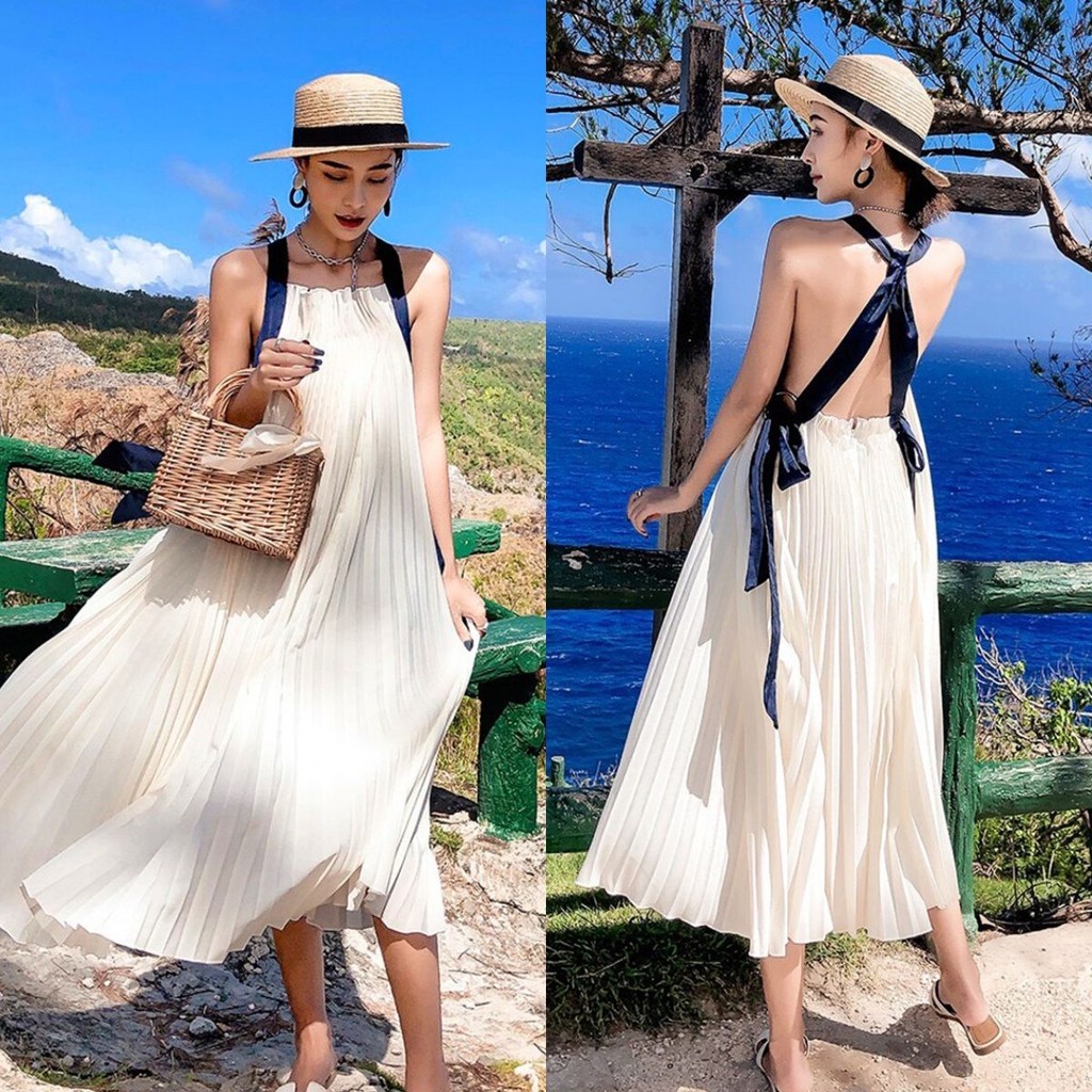 Đầm maxi đi biển 2 dây dập ly đi biển dã ngoại siêu xinh-chất Chiffon mịn đẹp quyến rũ