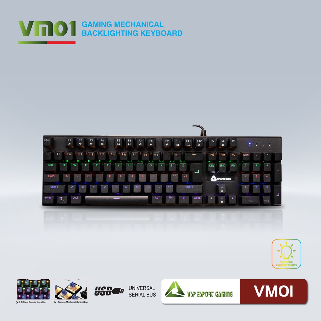 Bàn phím Cơ Gaming VSP Esport VM01 - 13 chế độ Led, Anti Ghost 25 phím - Hãng phân phối