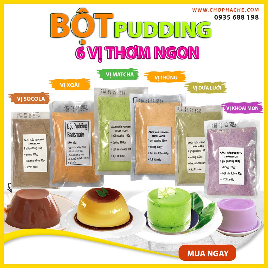 Bột Làm Pudding Barismate 100g (Gồm Các Vị: Trứng, Matcha, Socola, Khoai Môn, Xoài, Dưa Lưới)