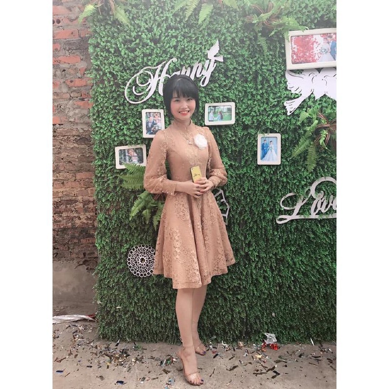 [ xả kho ] MiD Đầm ren màu be nâu V1255 đính ngọc thiết kế Mie Design kèm ảnh thật