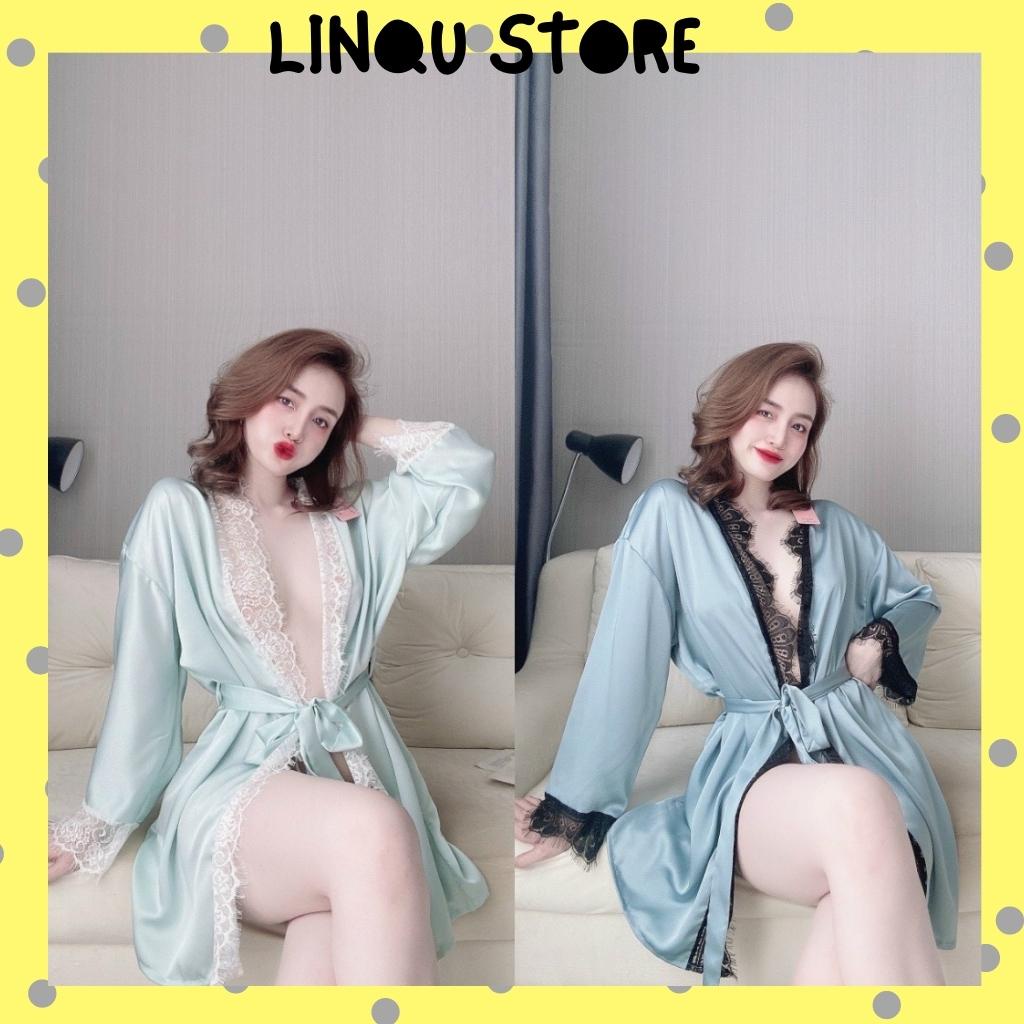 Áo Choàng Ngủ, Áo Choàng Ngủ Sexy Lụa Satin Phối Ren Gợi Cảm Sang Trọng Freesize - Linqustore