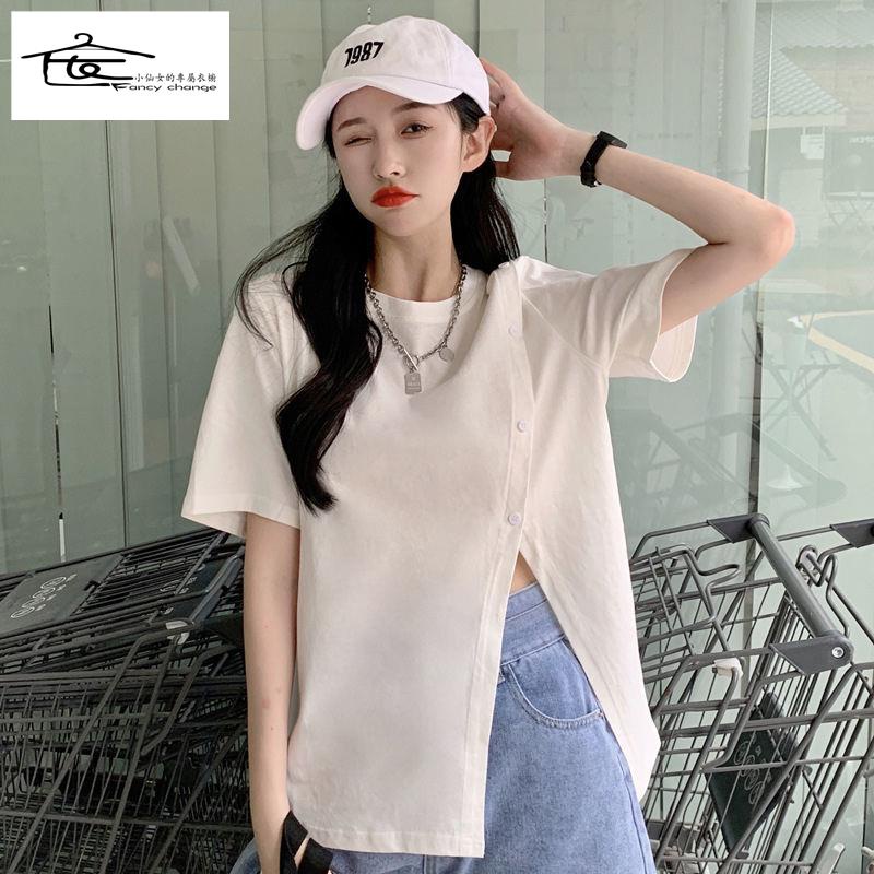 Giảm Giá Đặc Biệt ~ Áo Thun Tay Ngắn Dáng Rộng Xẻ Tà Thoải Mái Phong Cách Harajuku Mùa Hè Cho Nữ @ -