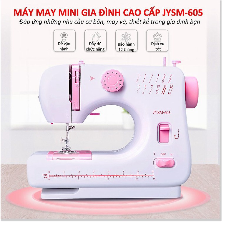 Bộ Máy may mini gia đình JYSM 605a Loại mới có 12 đường may, vắt sổ, may lại mũi và đèn soi chỉ