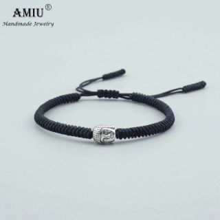 Vòng tay may mắn Tây Tạng chỉ đen mặt Phật bạc