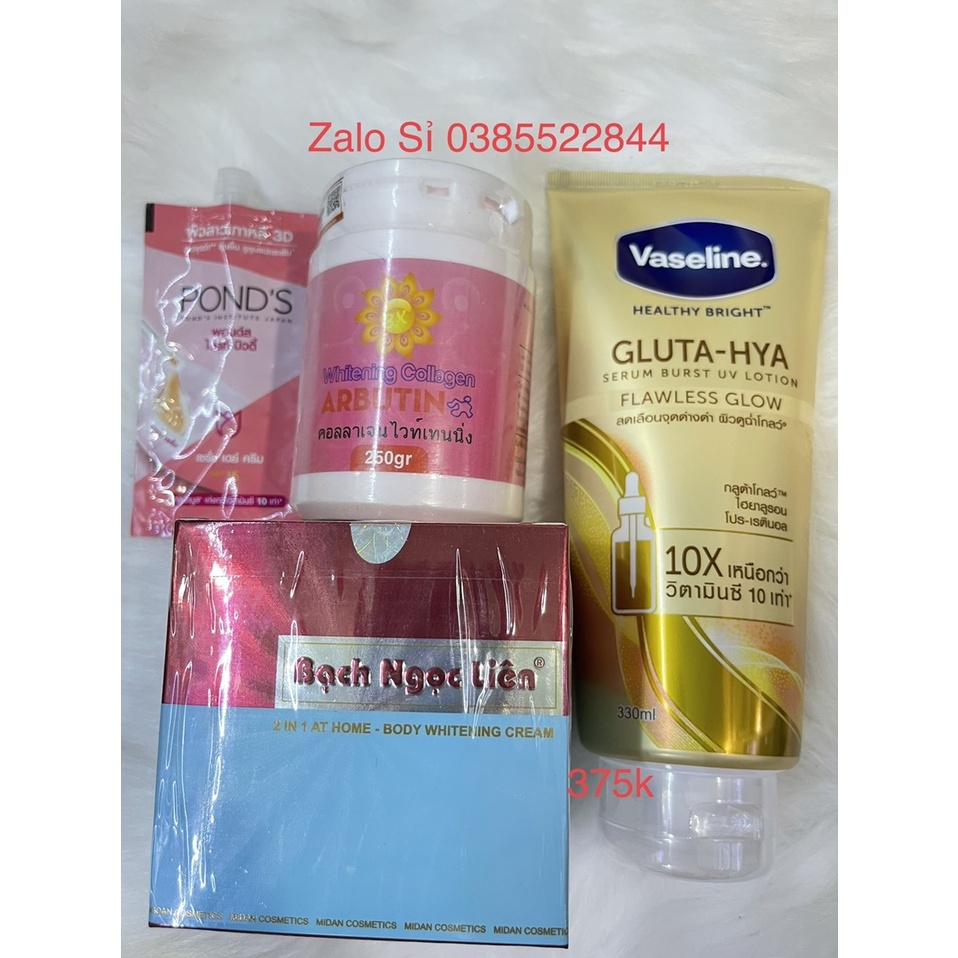 Kem body Bạch Ngọc Liên và kem kích trắng 3C3 Abutine + vaseline Gluta 10x ngày chống nắng