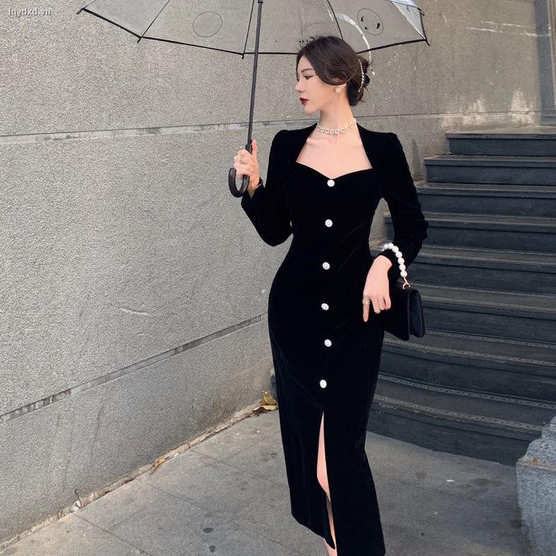 Đầm Nhung Tay Dài Dáng Ôm Phong Cách Retro Thời Trang 2021 Cho Nữ