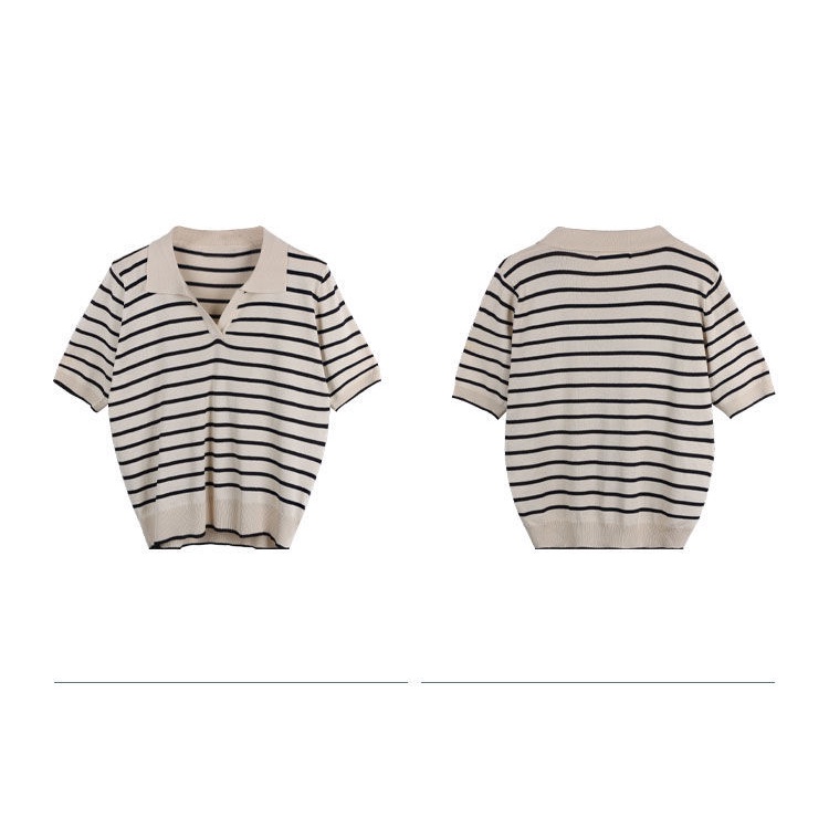 Áo polo Ngắn Tay Form Rộng Họa Tiết Sọc Ngang Phong Cách Retro Dành Cho Nữ